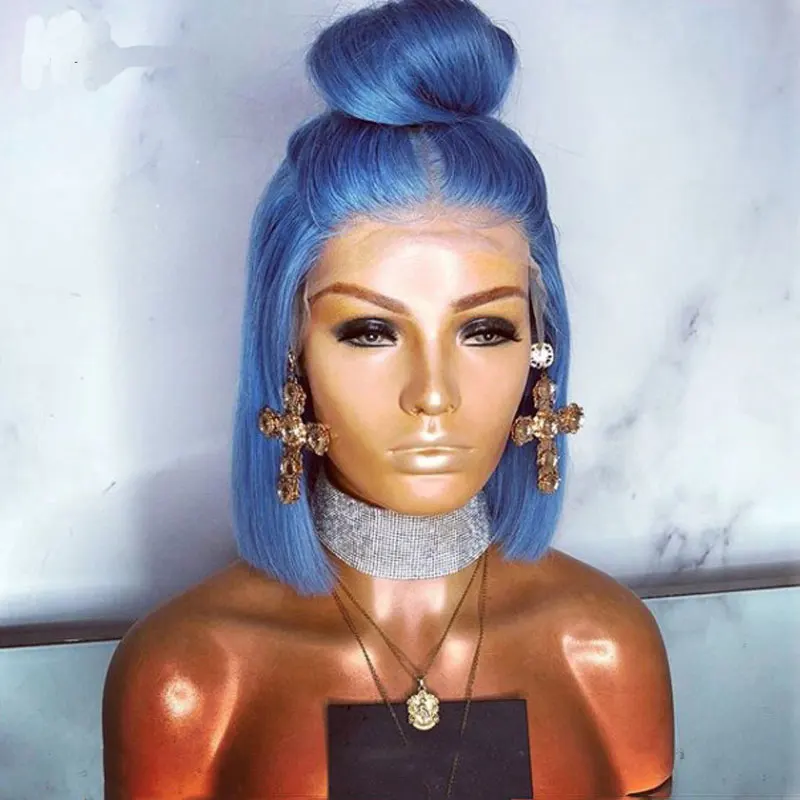 Bombshell светильник Небесно-Голубой Синтетический кружевной передний короткий боб парик термостойкие волокна волос средний пробор натуральный волос для женщин