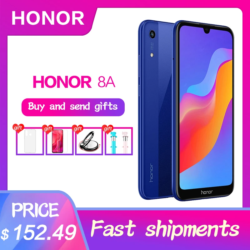 

Honor Original 8A Octa Core Android 9.0 6.09" IPS 1560X720 3GB RAM 64GB ROM Face ID 3 Slots 8.0MP+13.0MP camera MTK6765