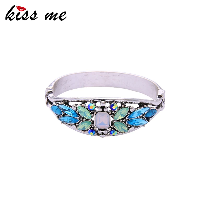 

KISS ME Antique Silver Color Vintage Cuff Bracelet Blue Crystal Flowers Women Bangle Jewelry