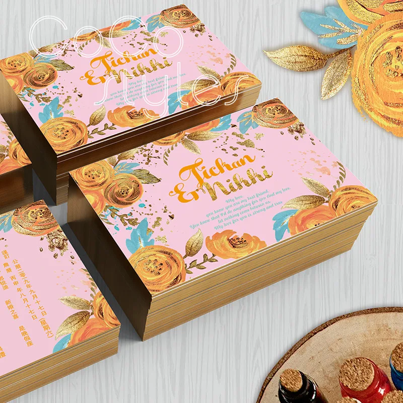  Cocostyles custom vintage gold foiling edge floral design invitation card with match envelope for g - 32891632588