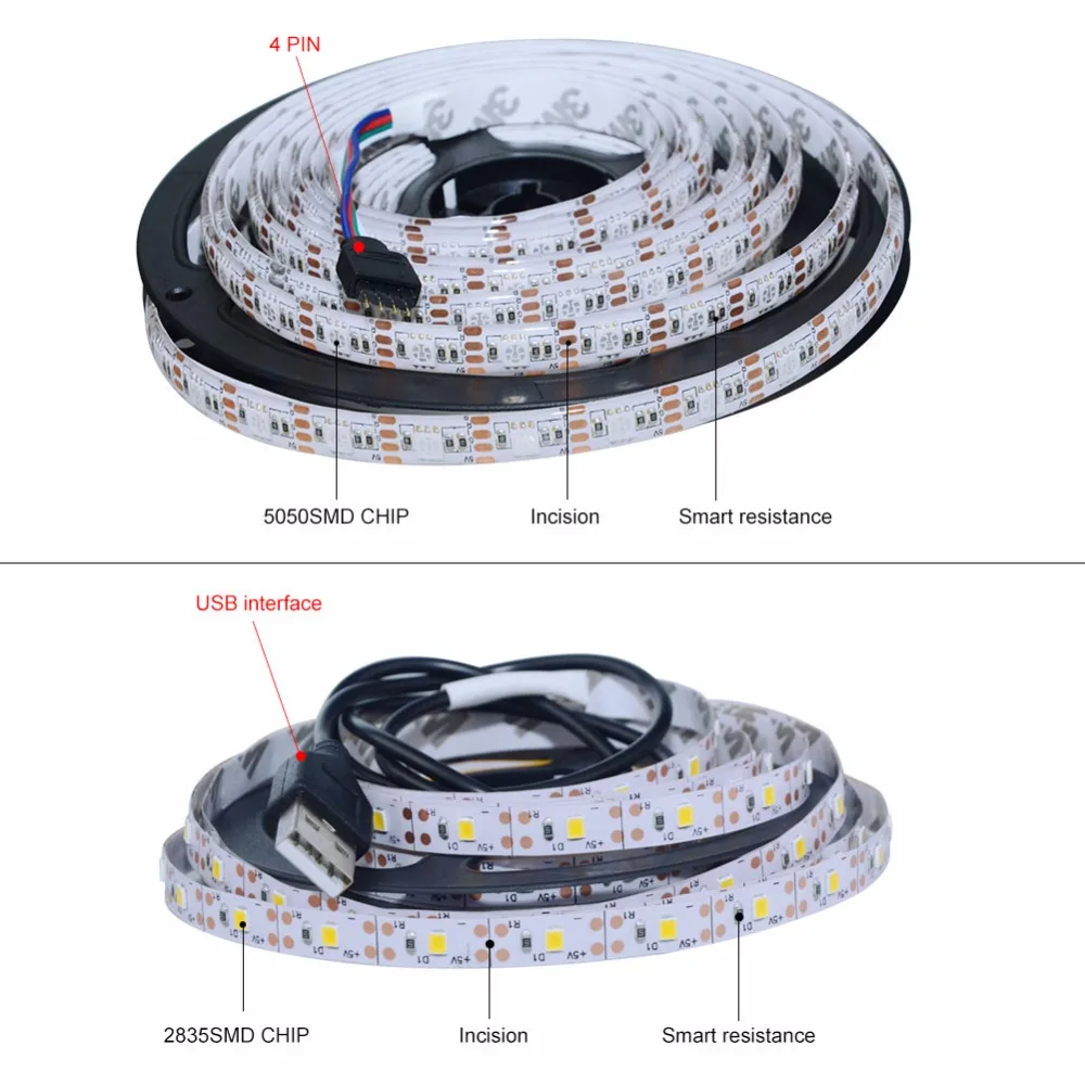 Светодиодная лента с питанием от USB 5 в пост. Тока 5050 2835 RGB 50 см 1 м 2 3 4 60