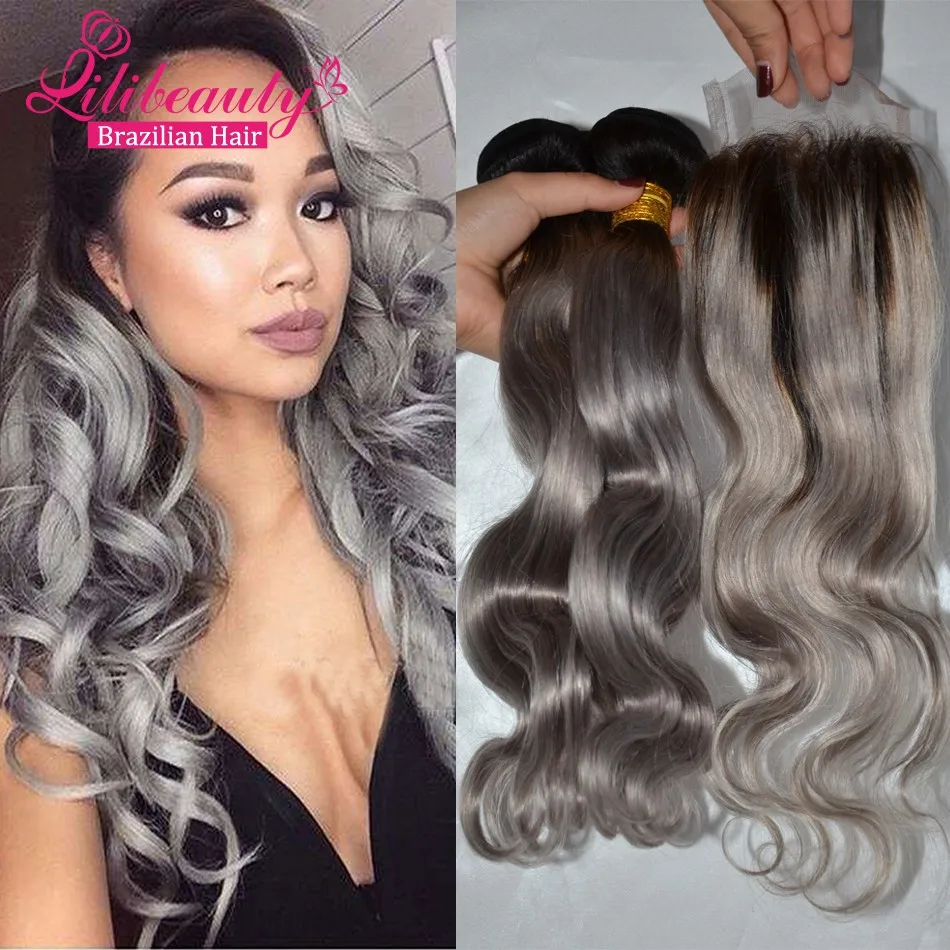 8A Ombre Brazilian body wave grey hair weave 3pcs with closure grey