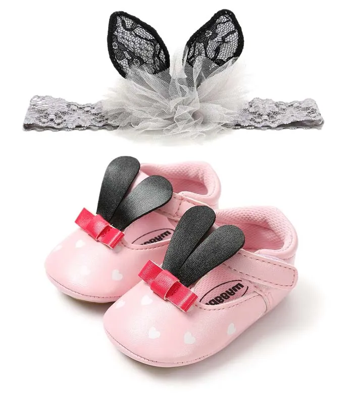 Г. обувь для маленьких девочек Обувь для новорожденных малышей из искусственной кожи для девочек с заячьими ушками Кружевная повязка на голову Costumen мягкая нескользящая обувь - Цвет: D