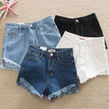 Рваные новые модные женские однотонные джинсовые шорты для девочек синего, белого и черного цвета, повседневные женские короткие джинсы с карманами на молнии