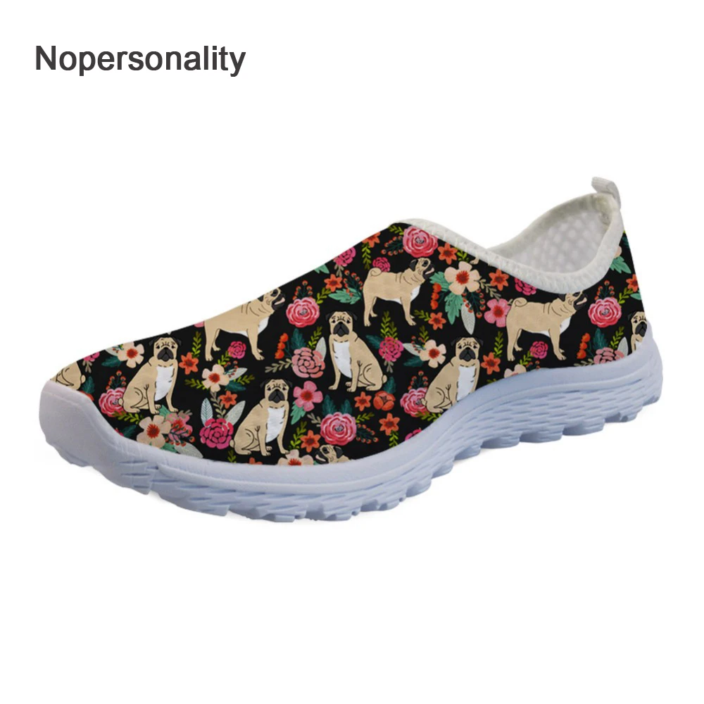 

Nopersonality Fashion Floral Puppy Pug Print Mesh Shoes for Women Casual Breathable Loafers Cute Female Ladies Lace Up Flats