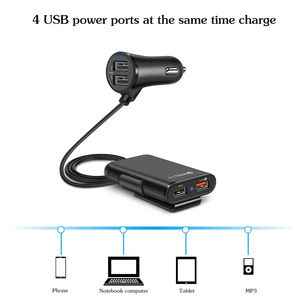 Powstro 3,0 Быстрая зарядка автомобиля+ A 4 USB части с 5.6ft удлинитель Кабель для зарядки заднего сиденья с зажимом для iPhone 7