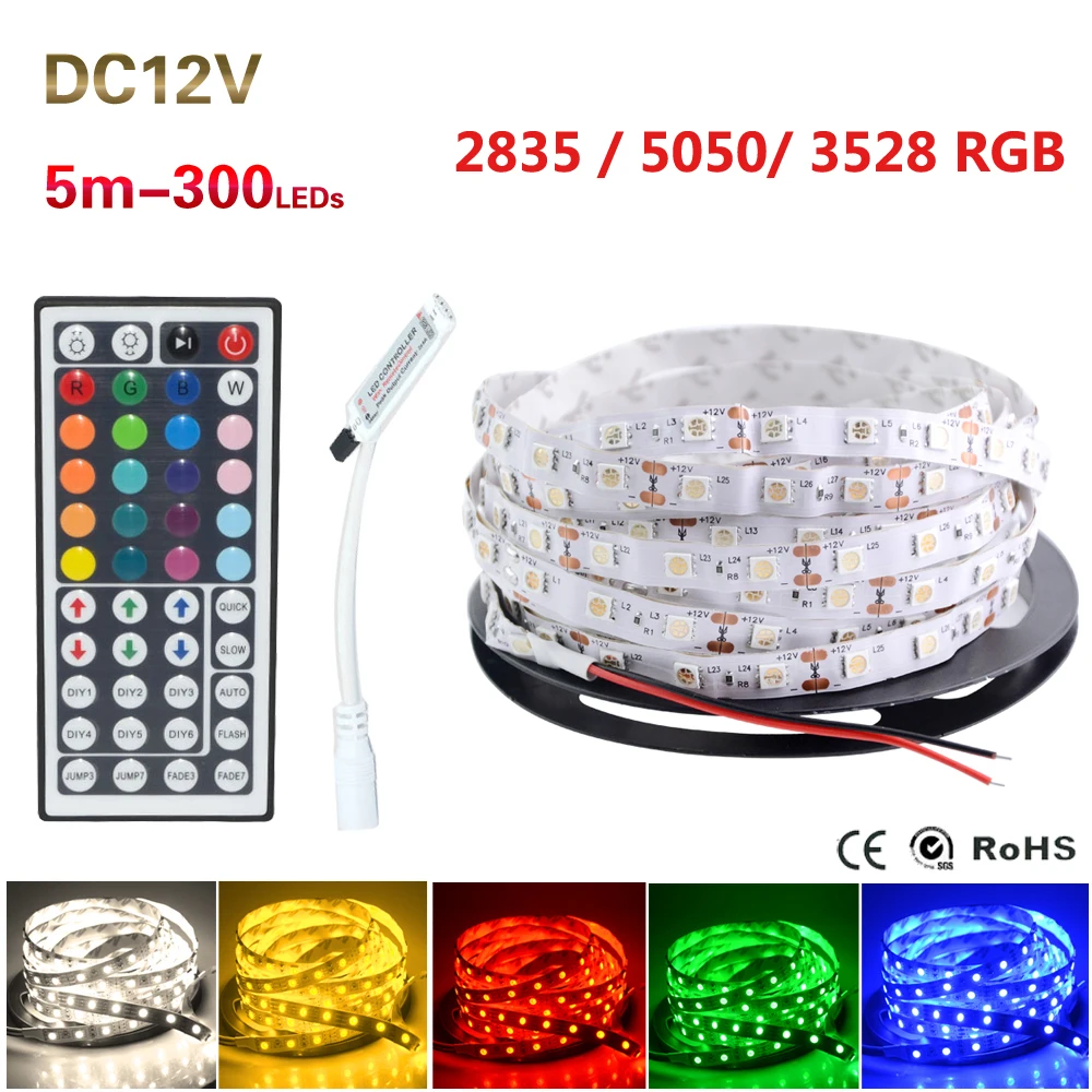 

2016 Newest 44 keys Remove Controller + 60Leds/M RGB Led Strip 5M/roll DC12V Safe Led Bar Flexible light No-waterproof