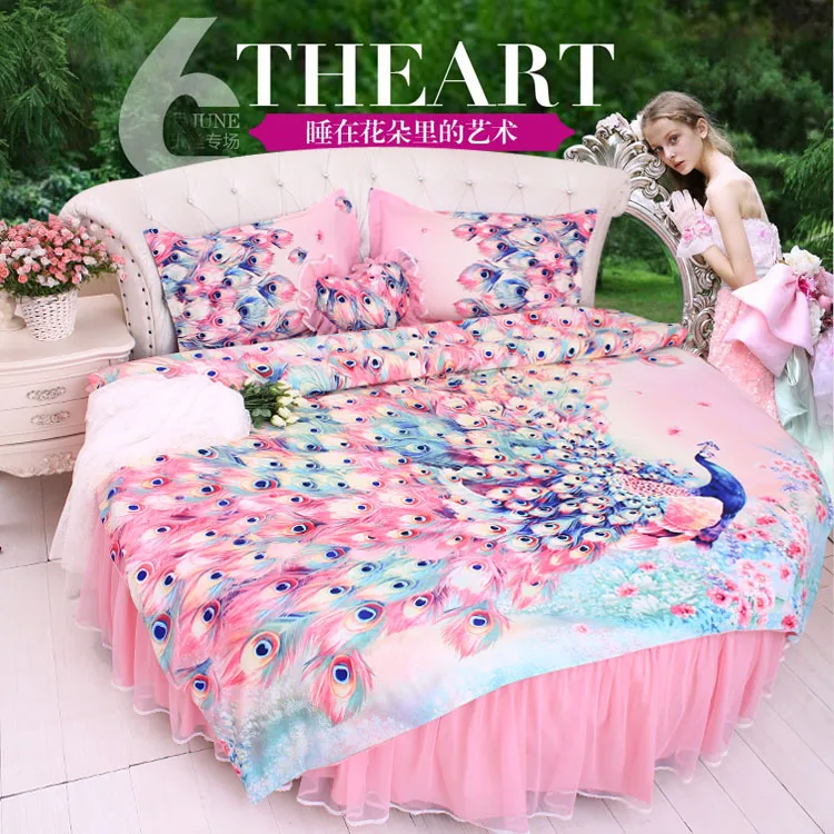 Flash Deal LACE ROUND Corner Bed Europe Orange color Flower Bedding sets Cotton Round Double Bed sheet Duvet cover Pillow case Bedskirt 70