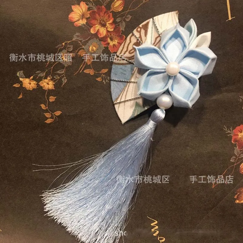 Мульти Стиль Девушки цветок веер заколки для волос Китайский традиционный головной убор ручной работы женские ювелирные изделия подарок китайский стиль кисточка для волос - Цвет: Небесно-голубой