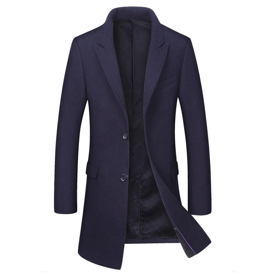 Мужская шерстяная длинная куртка, высокое качество, красный, черный, серый, толстый хлопковый стеганый мужской Тренч на пуговицах, пальто с карманами, шерстяное пальто для мужчин - Цвет: navy blue