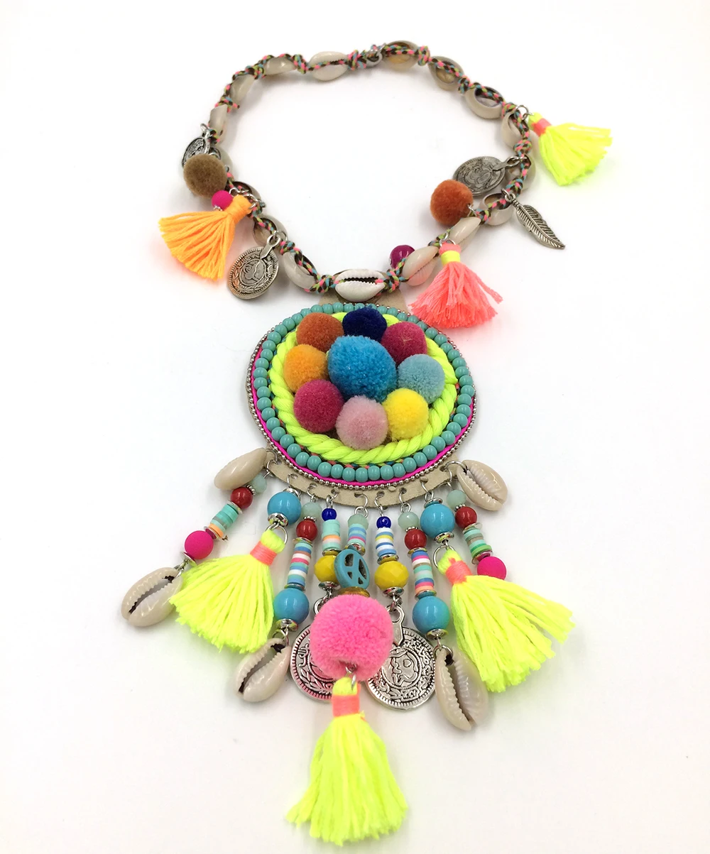 New Boho Handmade Chokers Necklace Bohemian Colorful Pompous Pendants Necklace Collier Women Sea Beach Tassel Charm