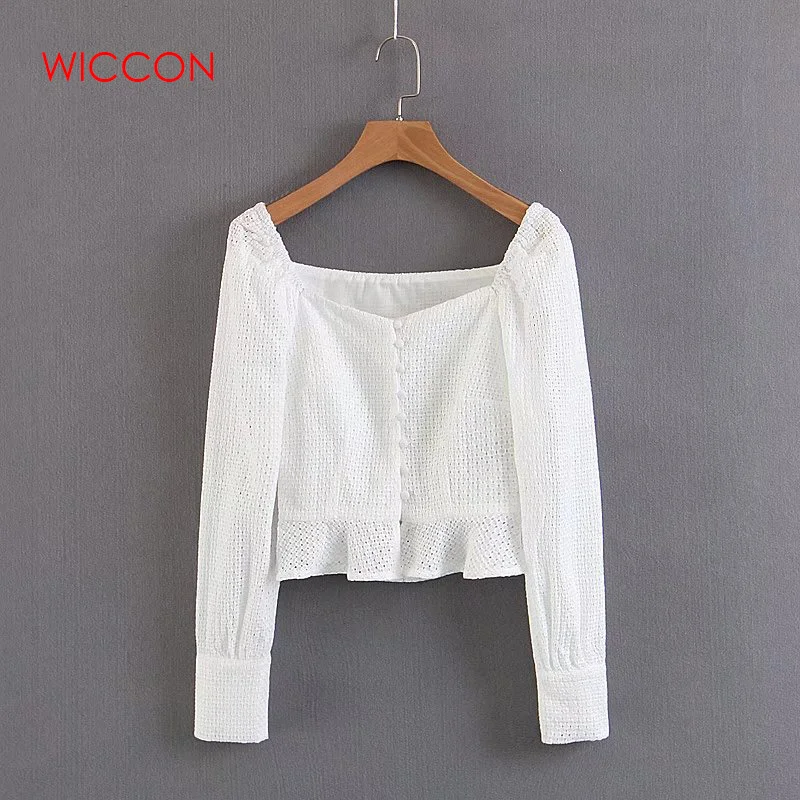 

Flower Embroidery Ruffle Shirts 2019 Vintage Square Collar Korean Button Long Sleeve White Blouse Autumn Women Tops And Blouse