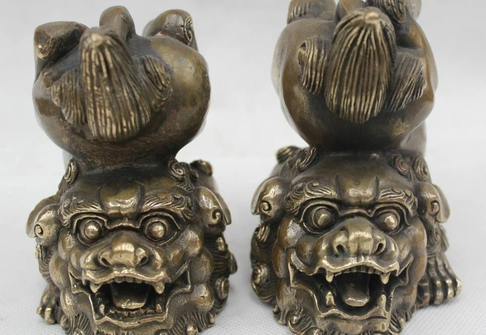 

5"Chinese Feng Shui Bronze Lucky Lifelike Foo Dogs Two Lion Play Statue
