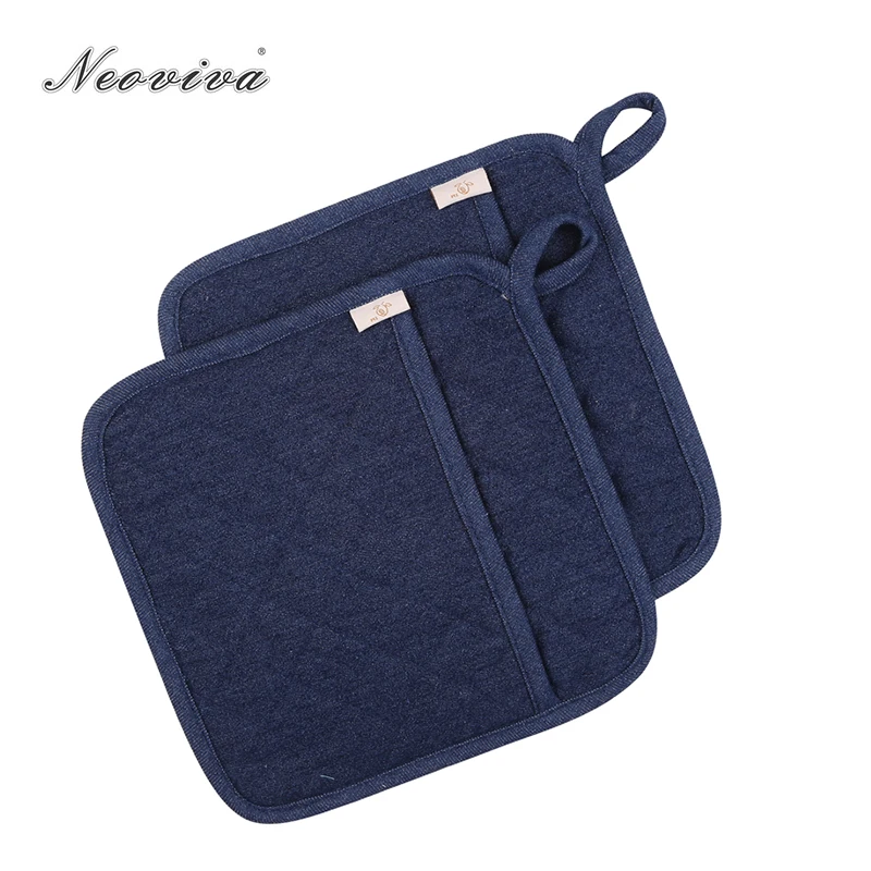 

Neoviva Denim Quilting Hot Pot Holder with Pockets for Daily Kitchen Set of 2 Solid Indigo Blue Stand Under the Hot Set de Table