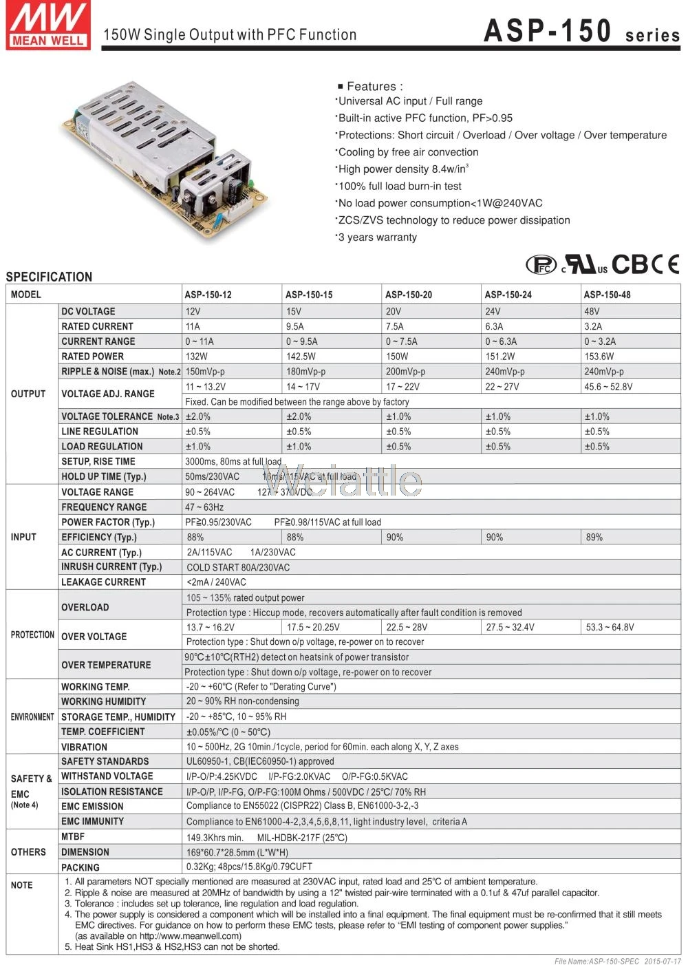 MEAN проверенный ASP-150-48 48 В 3.2A meanwell ASP-150 48 В 153,6 Вт Один выход с PFC Функция