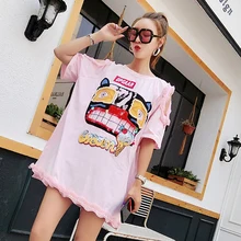 Летняя новая женская брендовая свободная длинная футболка с коротким рукавом и бусинами