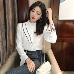 Новая мода 2019 для женщин блузка с оборками рубашка длинным рукавом Бесплатная размеры женская одежда белый офисные женские туфли рубашк