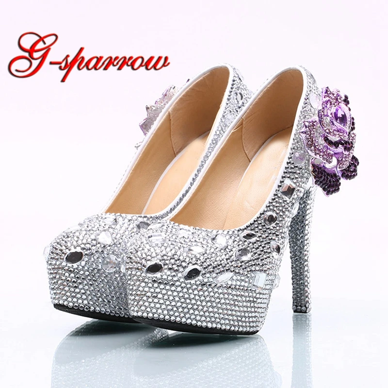 Wedding Ceremony Shoes 14cm High Heel Silver Rhinestone