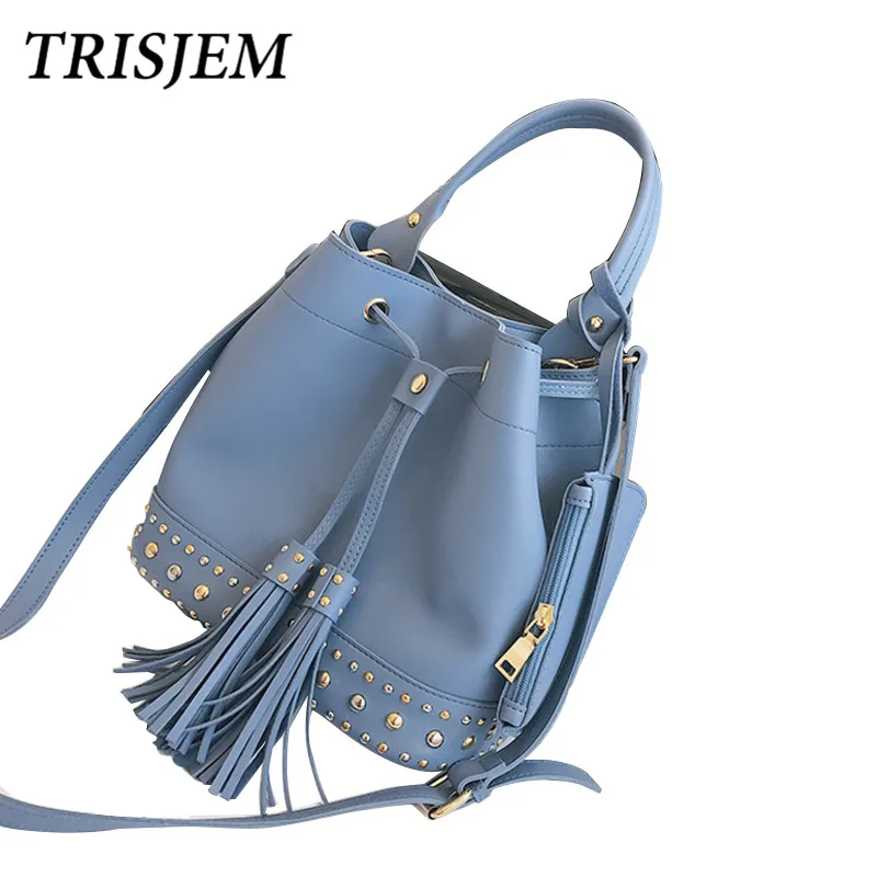 TRISJEM Fashion Rivet Bucket Bags Set Women Handbags PU Tassels Ladies