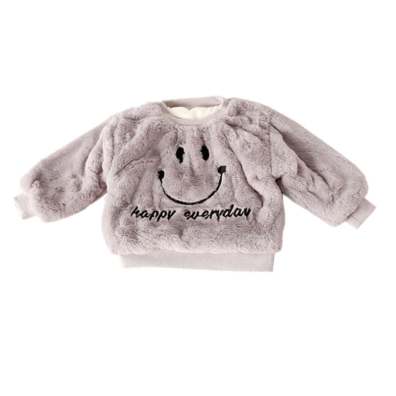 New Children Baby Clothing Boys Girls Cute Smiley letter Cartoon Furry embroidery Tops Coat Kids Thick Plush Long Sleeve Sweater