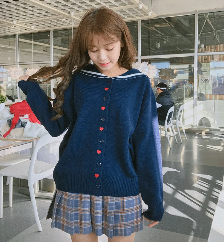 Kpop korean Love Heart Embroidery Student Uniform Navy Collar Knitwear ...