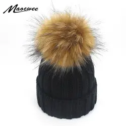 Детская взрослых вязать шапочки Hat Faux Fur Pom pom Зимняя шапка для мальчиков и девочек теплый Skullies Bone Брендовое детское мягкие Кепки для детей