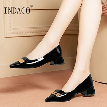 

Women Shoes Pumps Leather Heels Ladies Shoes Pointed Toe Metal Decoration Black Work Shoes Square Heel