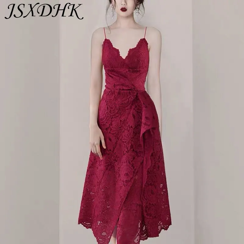 

JSXDHK Women Spaghetti Strap Lace Party Dress 2019 Summer Designer Wine Red Ruffles Hollow Out Long dress Sexy Slim V Neck Dress
