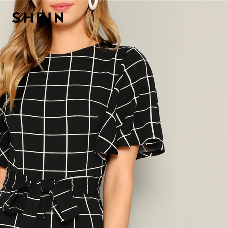 SHEIN Элегантный Комбинезон В Клетку С Оригинальным Рукавом И Поясом Завышенной