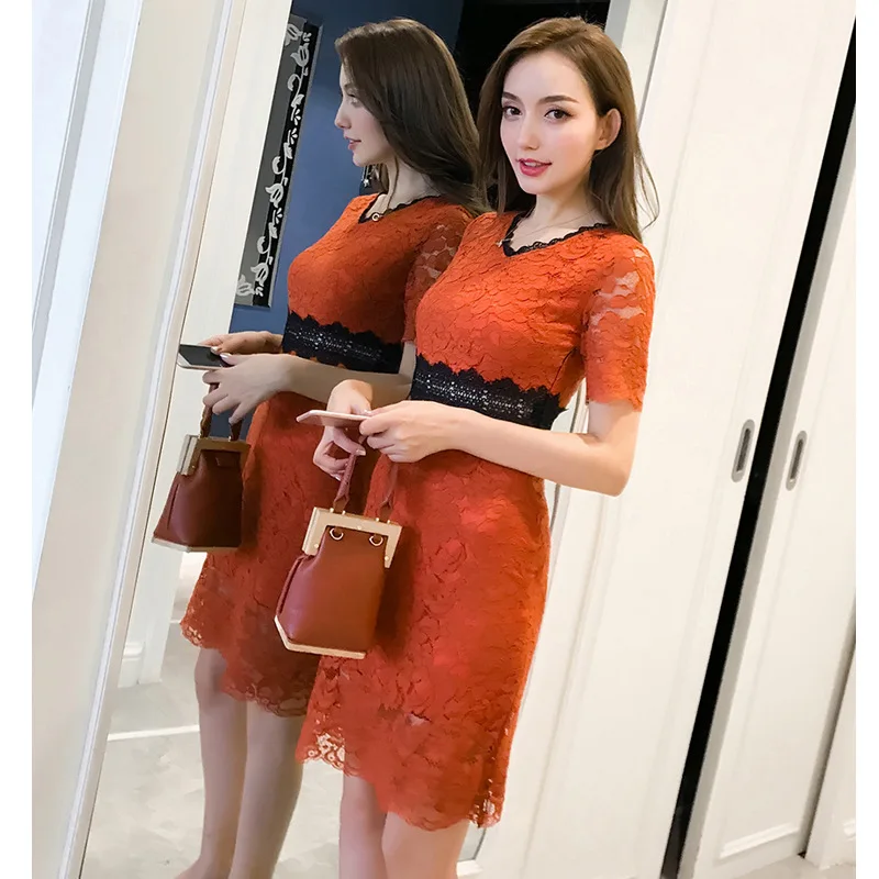 2018 New Red Blue Spring Summer Lace Women dress Short Sleeve Slim Collect Waist In Long Dresses S-XL