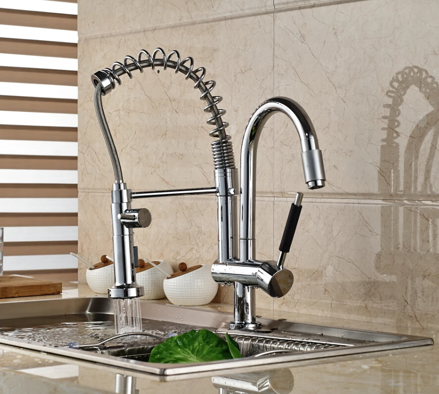 Polished Chrome Brass Kitchen Faucet Double Sprayer Kitchen Faucet Single Handle Vessel Mixer Tap цена Polished Chrome Brass Kitchen Faucet Double Sprayer Kitchen Faucet Single Handle Vessel Mixer Tap цены онлайн