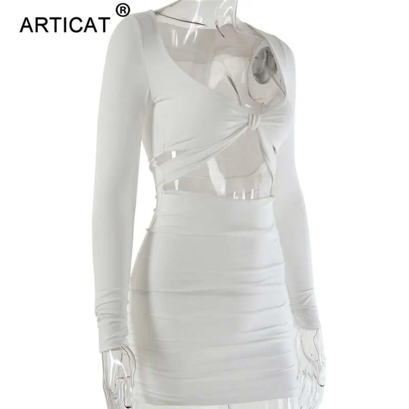 Articat белое сексуальное открытое женское летнее платье 2019 с длинным рукавом v-образный вырез облегающее Плиссированное мини-платье