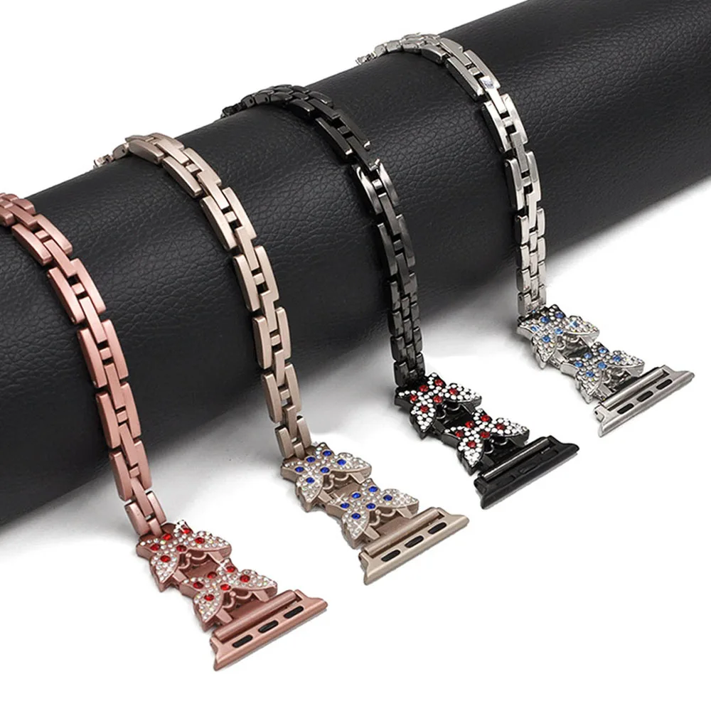 

Women Diamond Bracelet Butterfly Pattern Strap for Apple Watch Band Series 5 4 3 2 1 Detachable Metal Wrist Belt 40/44/38/42mm