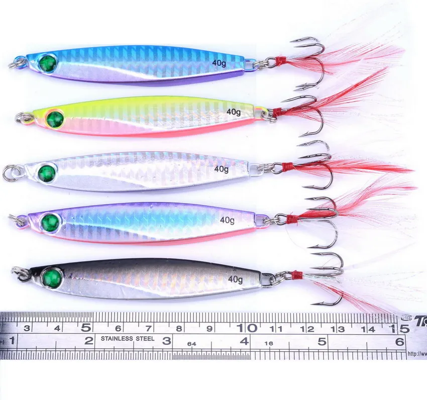 

5pcs 7g 21g 28g 40g Fishing Metal Lure With Red/Green Feather Hooks Leurre De Fishing Lures Saltwater Lead Jig Head