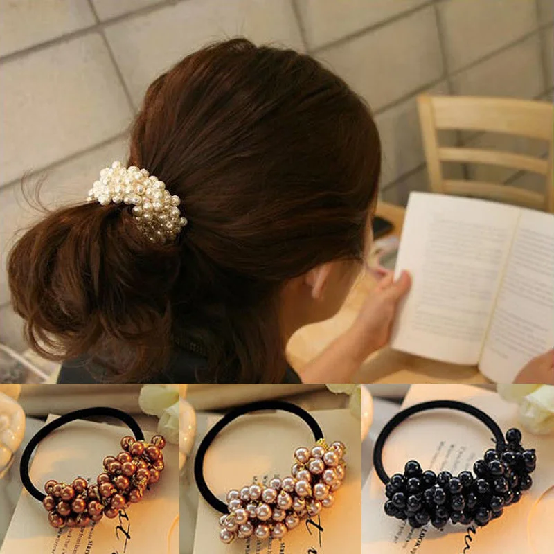 

Fashion Korean Hair Accessories Rhinestone Imitation Pearls Beads Rubber Elastic Hair Bands Ponytail Holder For Women Headwear
