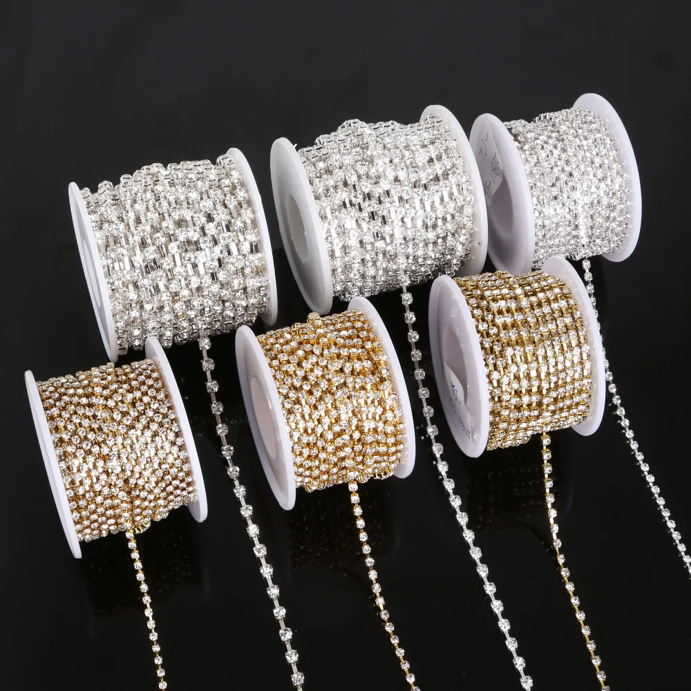 

10yards/roll clear crystal SS6-SS18(2mm-4.5mm) Silver/Gold base Rhinestone Chain apparel Sewing style diy beauty accessories