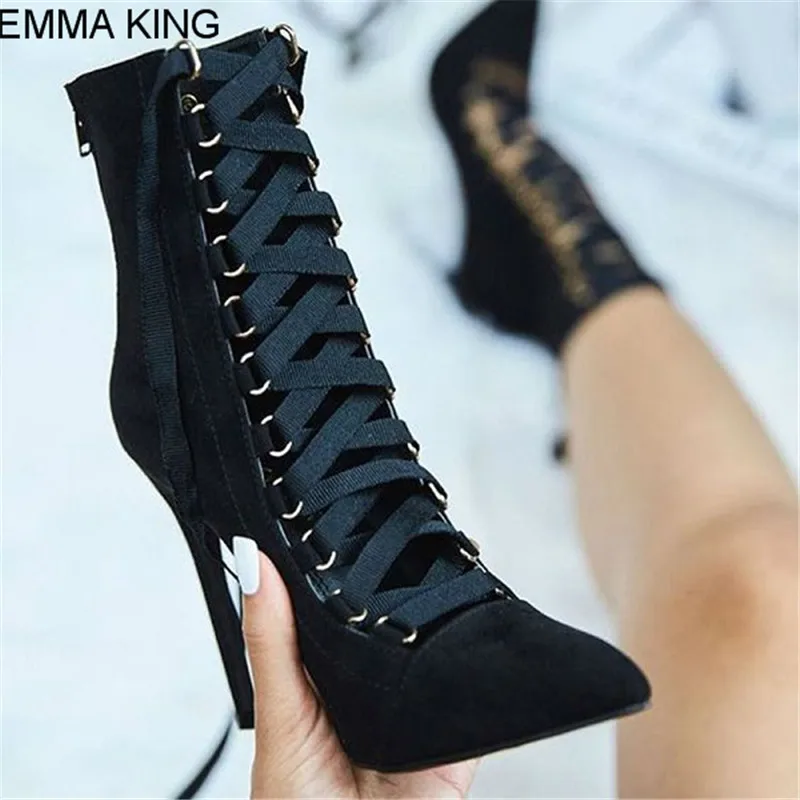 

EMMA KING Cross Tied Ankle Boots Women Thin High Heels Pointed Toe Back Zipper Summer Boots Mujer Fashion Party Shoes Sexy Style