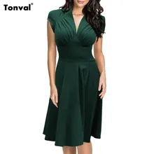 Tonval Women Ruched Vintage Office Swing font b Dress b font Sexy Deep V Neck Summer
