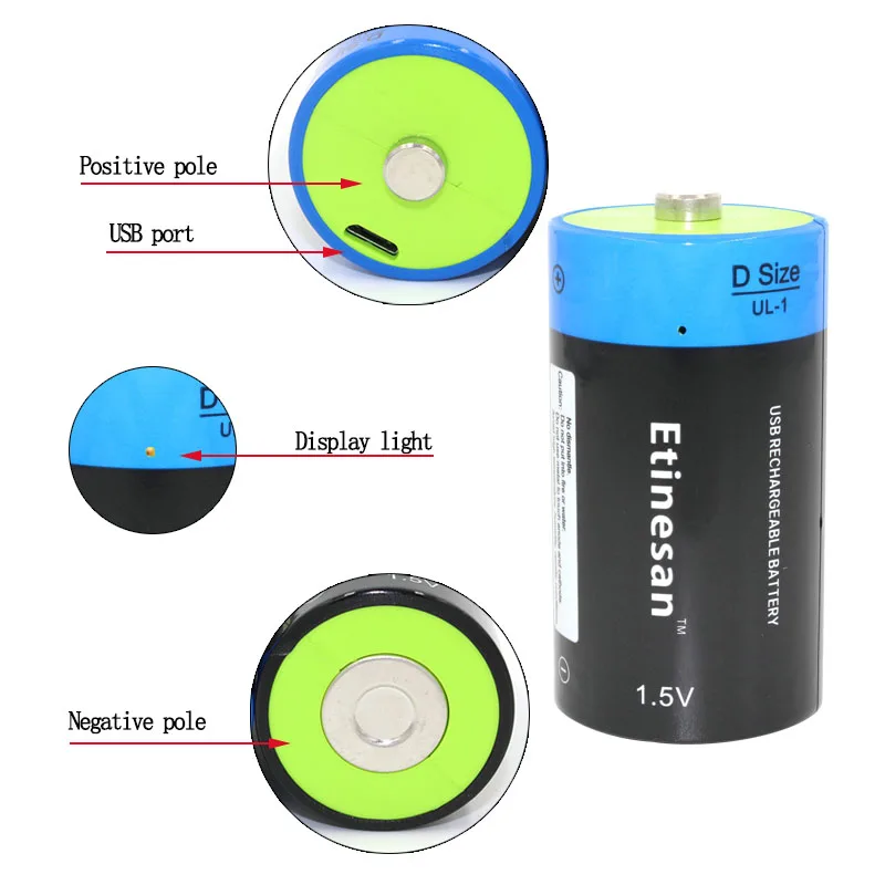 Etinesan 1,5 V 9000mWh литий-ионный Литий-полимерный размер D перезаряжаемый аккумулятор usb D типа для фонарика водонагревателя и т. Д