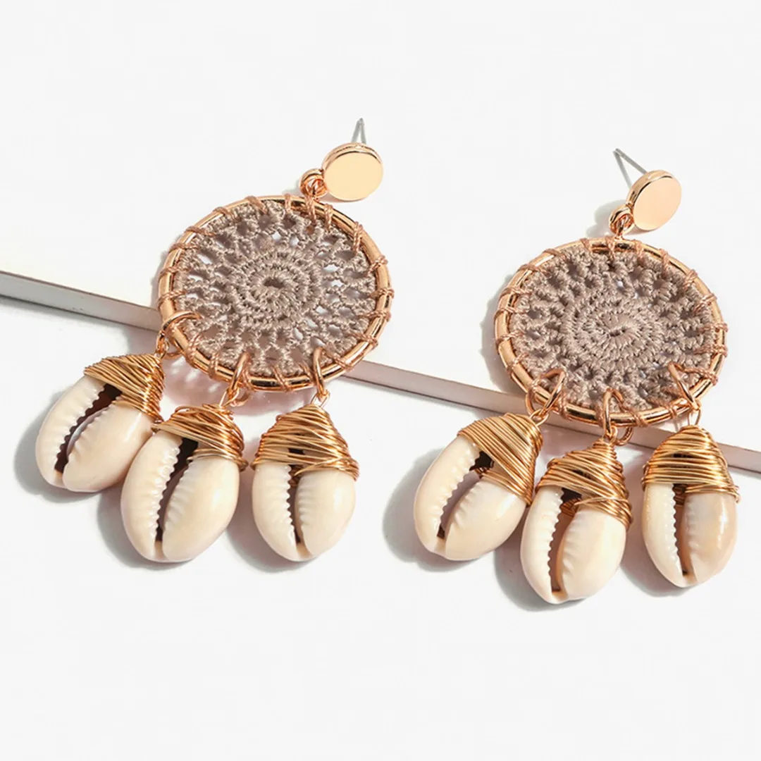 Women Statement Rattan Shell Earring Hand Made Weave Net Shape Dream Catcher Long Earring Vintage Earrings 2019 Pendientes Mujer