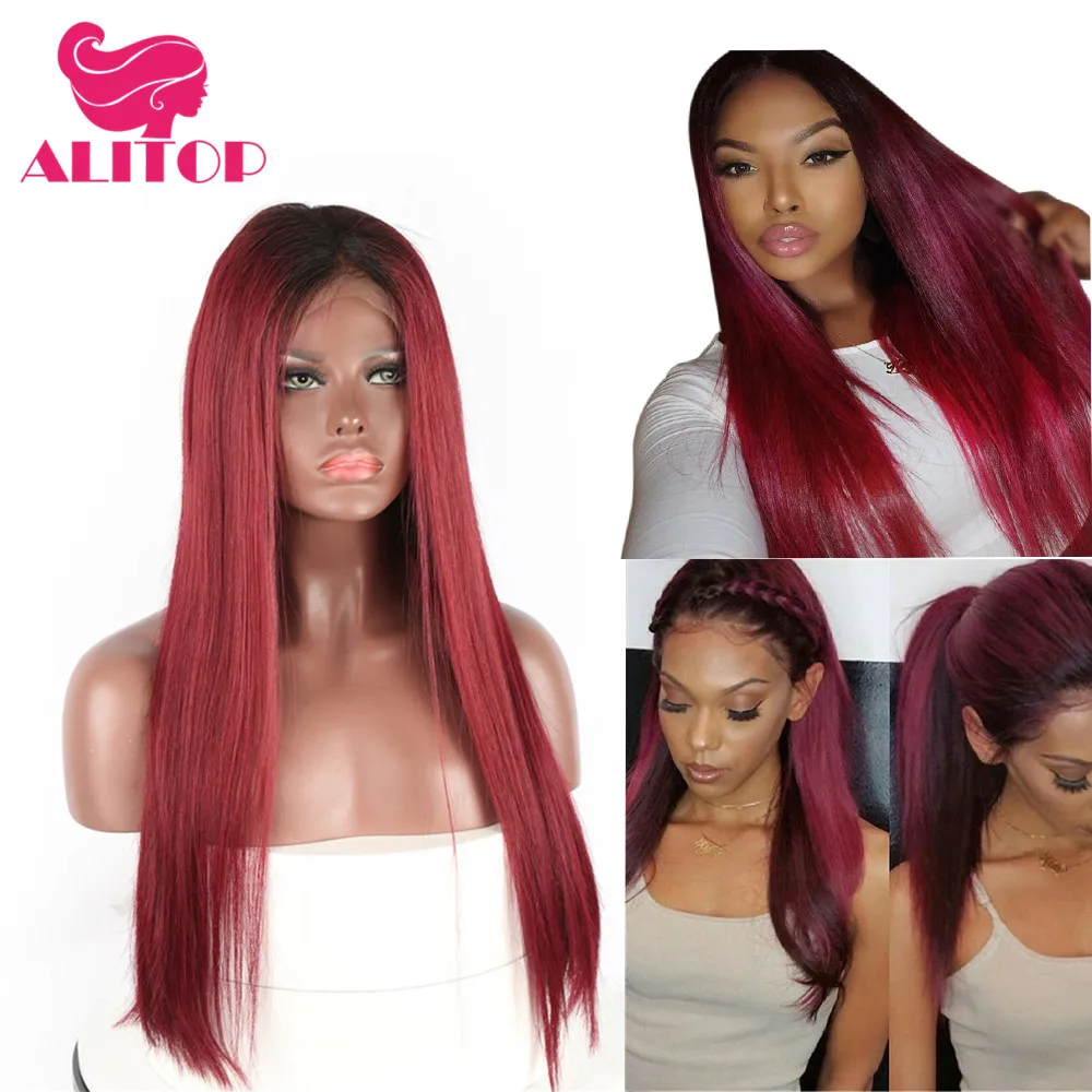 

ALITOP 1B 99J Wigs For Women Lace Front Human Hair Wigs 13x6 Pre Plucked Straight Brazilian Ombre Human Hair Wigs Burgundy