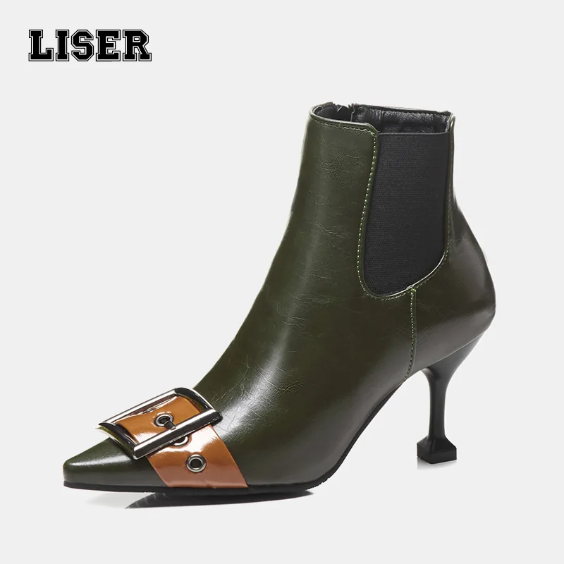 

Ladies fashion ankle boots runway front buckle pointed toe high heels Chelsea booties short plush winter fall office dress shoes