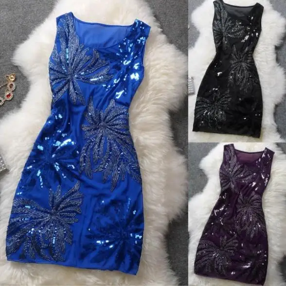 

New 2014 Women Ball Party Flower Sequined Gown Dress Sleeveless Shine Hollow Dress