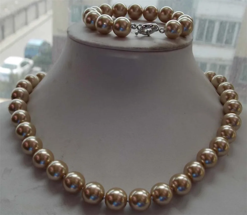 

12mm Charming Brown South Sea Shell Pearl Necklace Bracelet Set 18'' 7.5'' shipping free