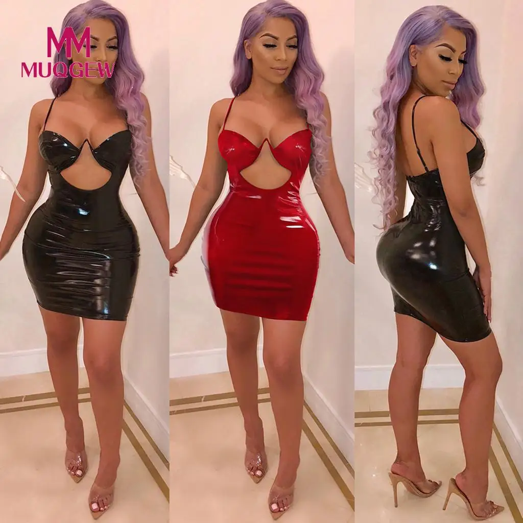 

bodycon dress off shoulder Women's Sexy V-neck Reflective leather dresses Sling Zip Chest-wrapped Nightclub vestidos #G8xn