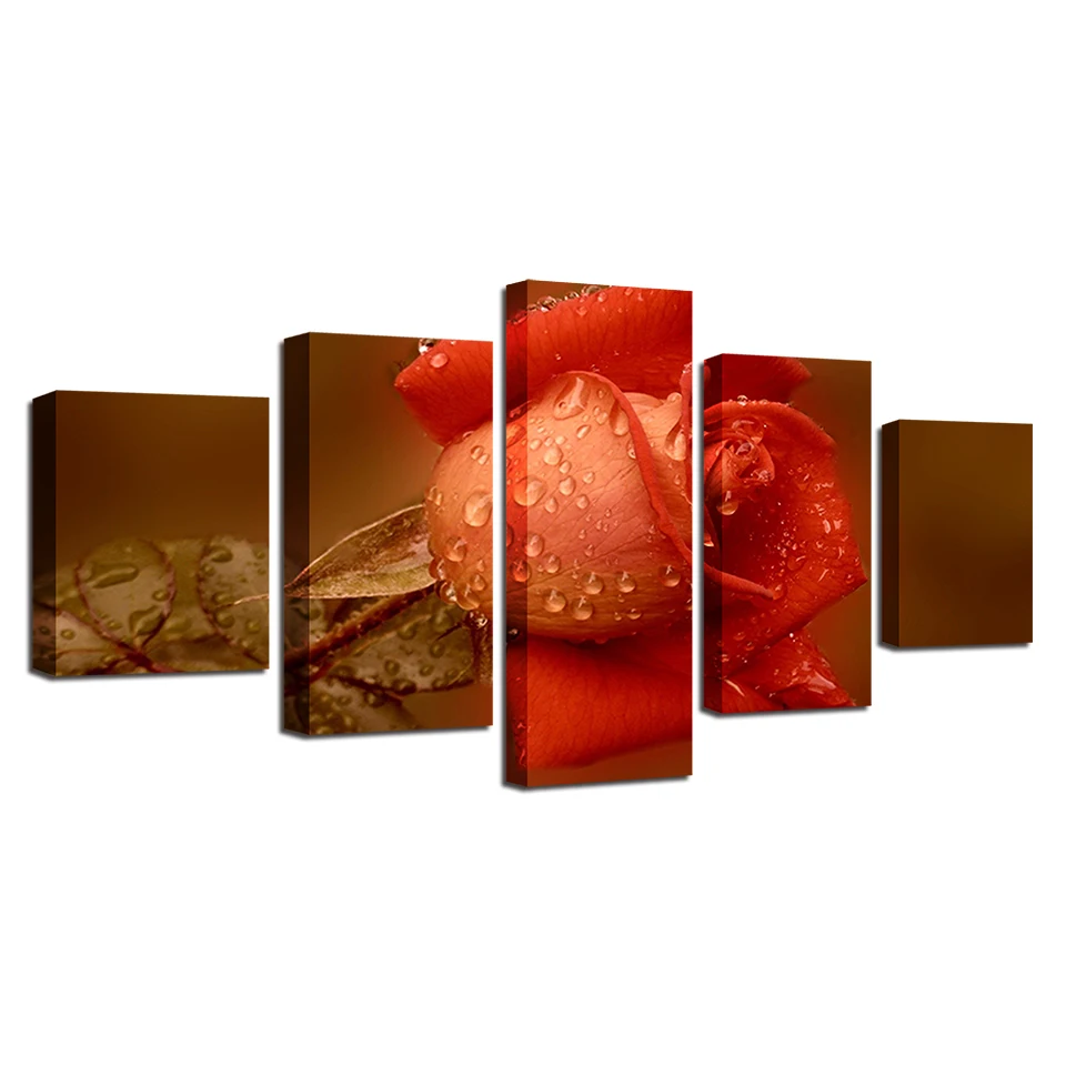 HD-Prints-Canvas-Home-Decor-Wall-Art-Poster-5-Pieces-Orange-Red-Roses-Painting-Modular-Flower (4)