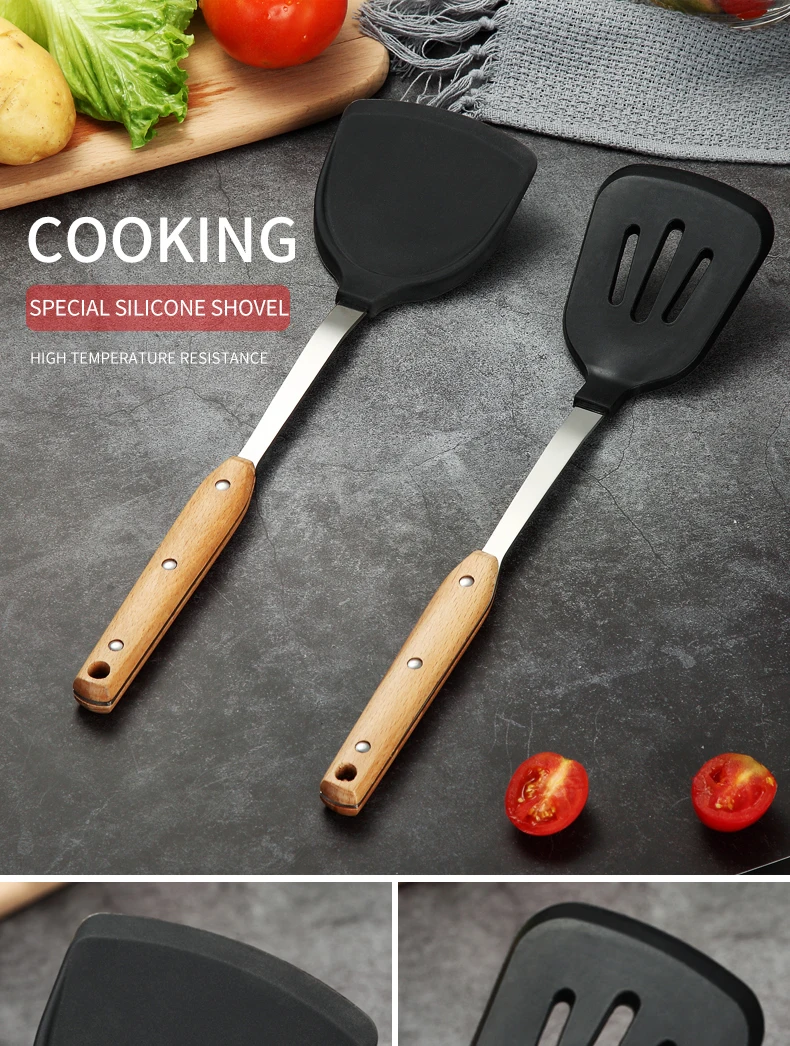 VandHome кухонная утварь для готовки антипригарная силиконовая лопаточка-токарь для кухонного приготовления Нескользящая посуда с деревянной ручкой