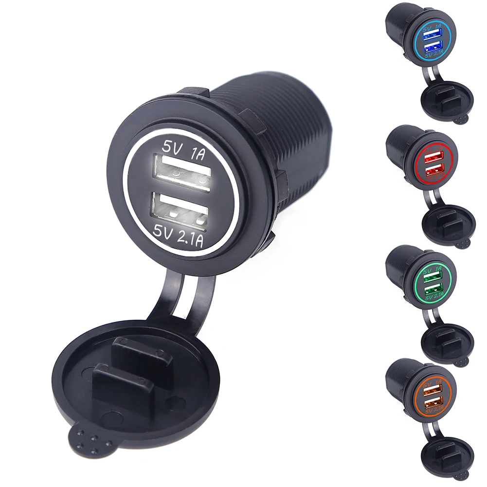Dual Usb Car Charger Socket 5V 2.1A / 1A Waterproof Motorcycle/Vehicle/Auto/Car Power Adapter