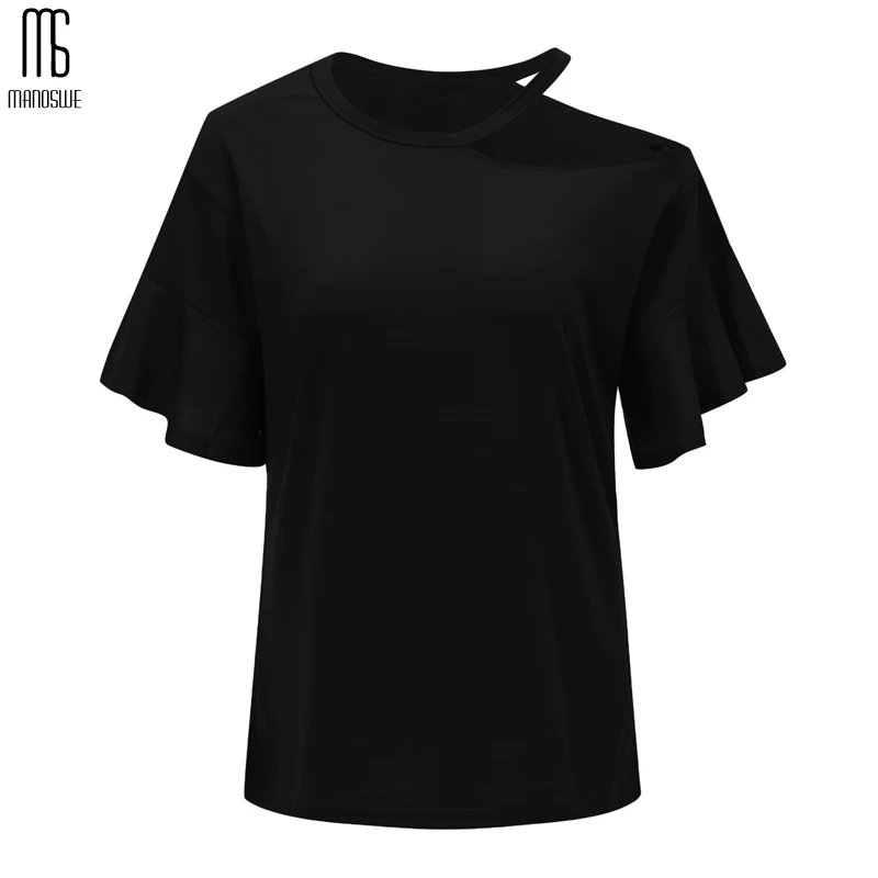 Manoswe, сексуальные футболки на одно плечо, женская модная черная футболка с рукавом-бабочкой, Летние Повседневные Вечерние футболки с лямкой через шею