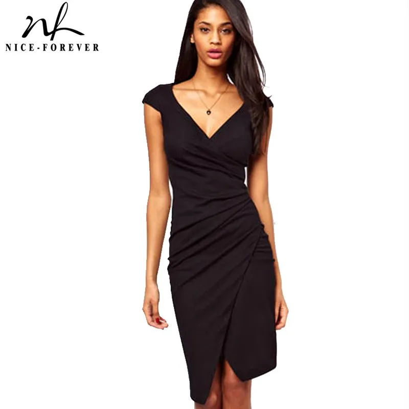 Kopen Nice Forever Mode Zomer Zwarte vrouwen Diepe V hals Geplooide Tuniek Schede Business Bodycon Slim office Avond party Jurken 728